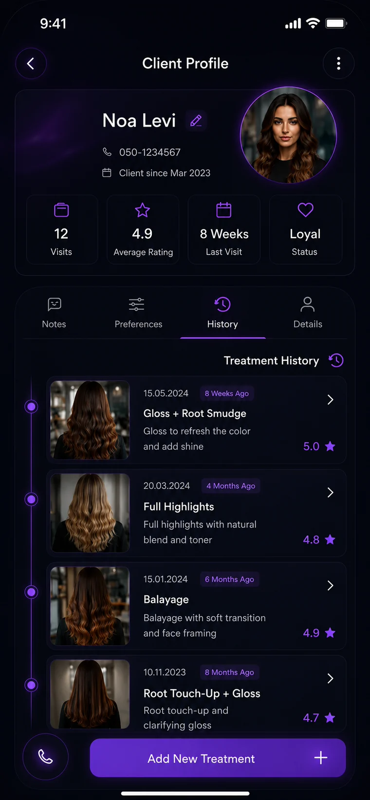 Client profile screen in the Kolora app — treatment history, formulas and ratings